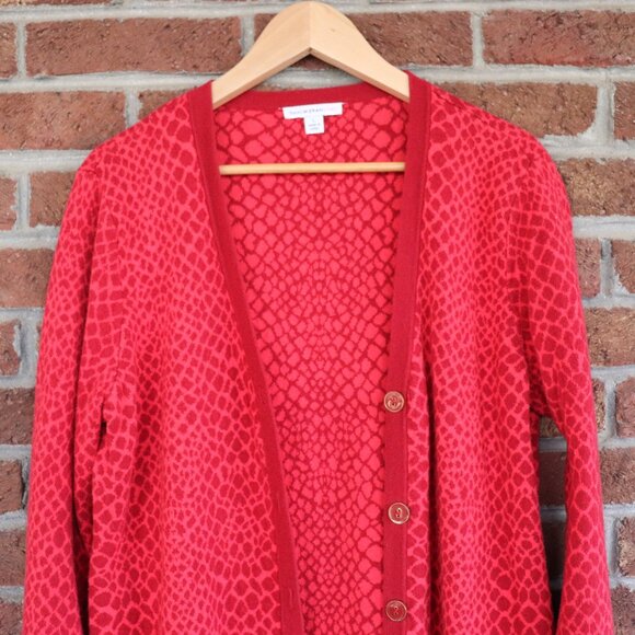 Isaac Mizrahi Live! Womens Long Button Down V Neck Red Reptile Cardigan Size L - Picture 1 of 14